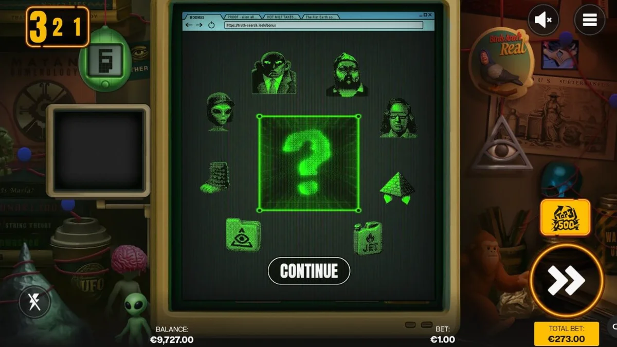 Tampilan antarmuka slot Truth dengan tema konspirasi retro