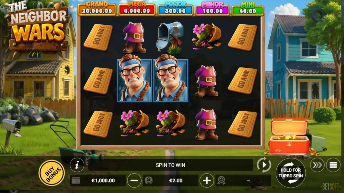 Tampilan visual slot The Neighbor Wars dengan tema persaingan tetangga yang lucu